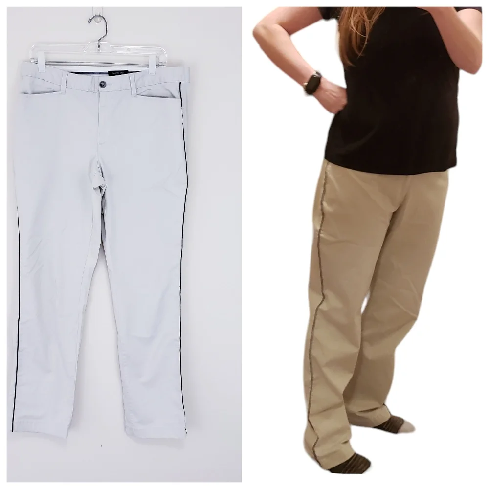 Lands End Khaki Chino Pants Size 12 Navy Blue Side Stripe Slim Leg Straight L